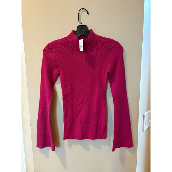 Ann Taylor Mock Neck Ribbed Sweater Fuchsia Pink Pearl Button Bell Sleeve XS NEW - Picture 2 of 8